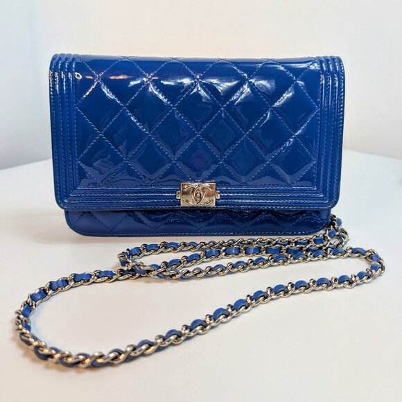 Chanel Bright Blue Boy Patent Leather Wallet On Chain (WOC) - Picture 1 of 16